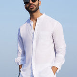 Mandarin Collar Cotton-Linen Shirt - Zephyr