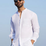 White cotton & linen Mandarin collar shirt Zephyr