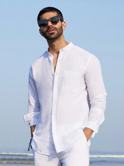 White cotton & linen Mandarin collar shirt Zephyr