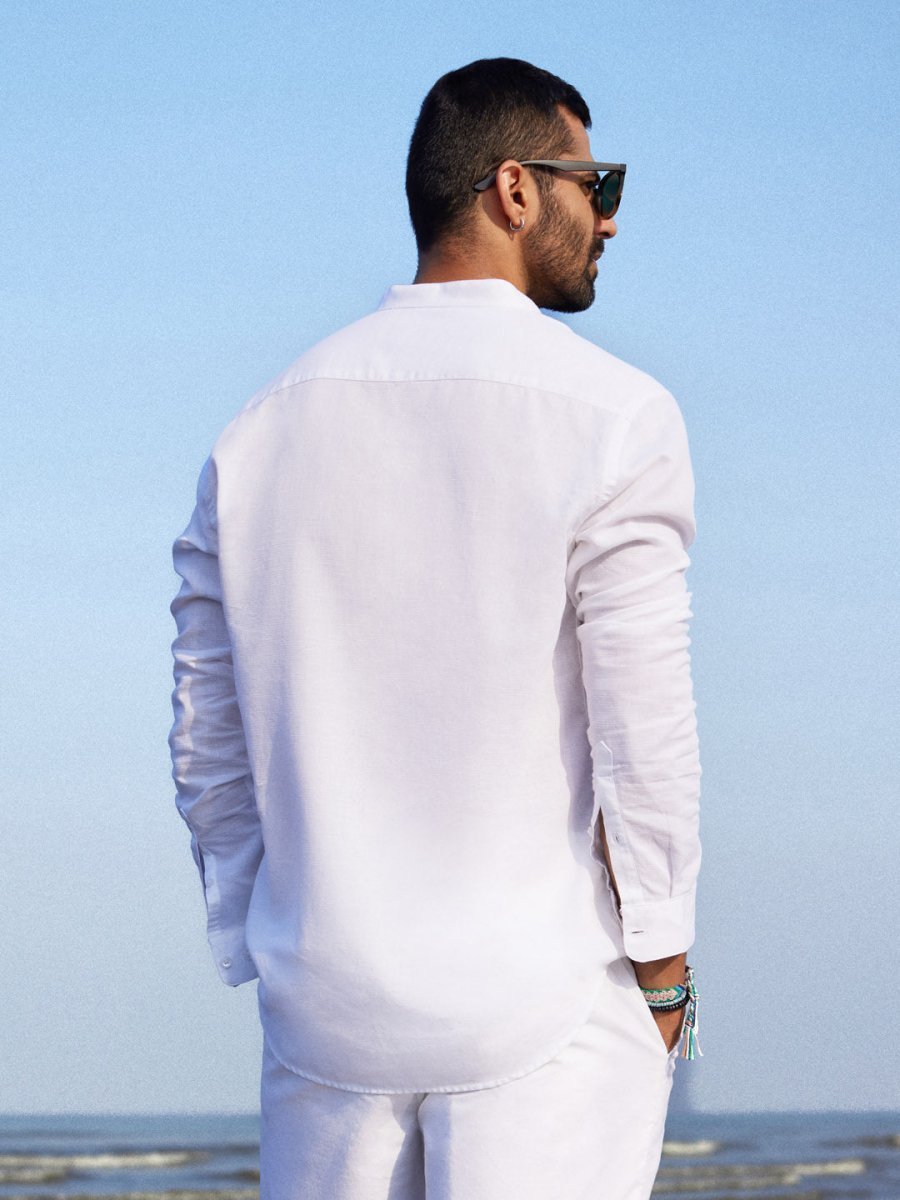 White cotton & linen Mandarin collar shirt Zephyr