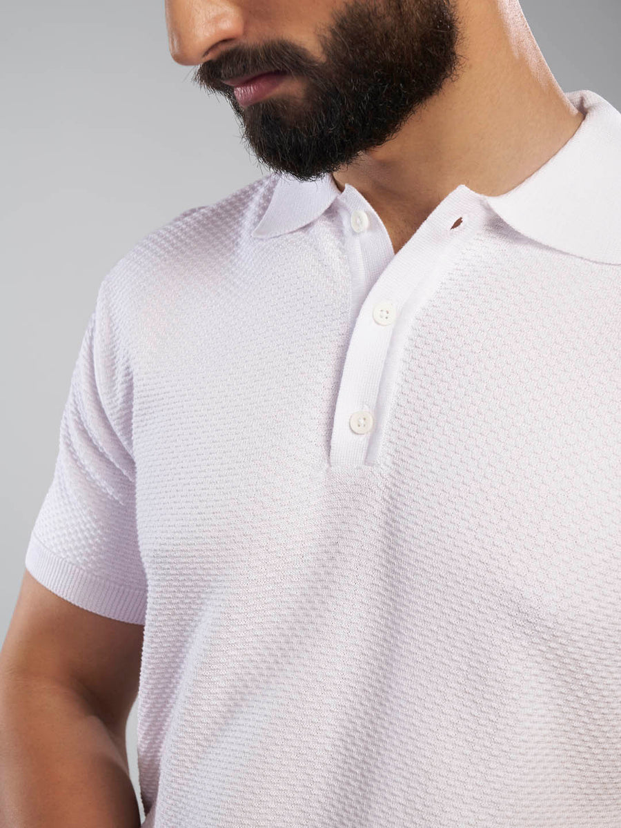 Rib Collar Pure Cotton White Polo - Gridscape