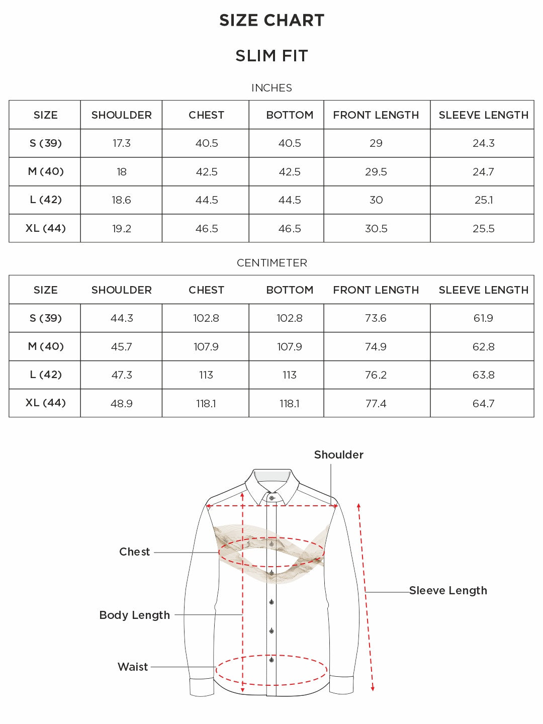 Size chart for Inches