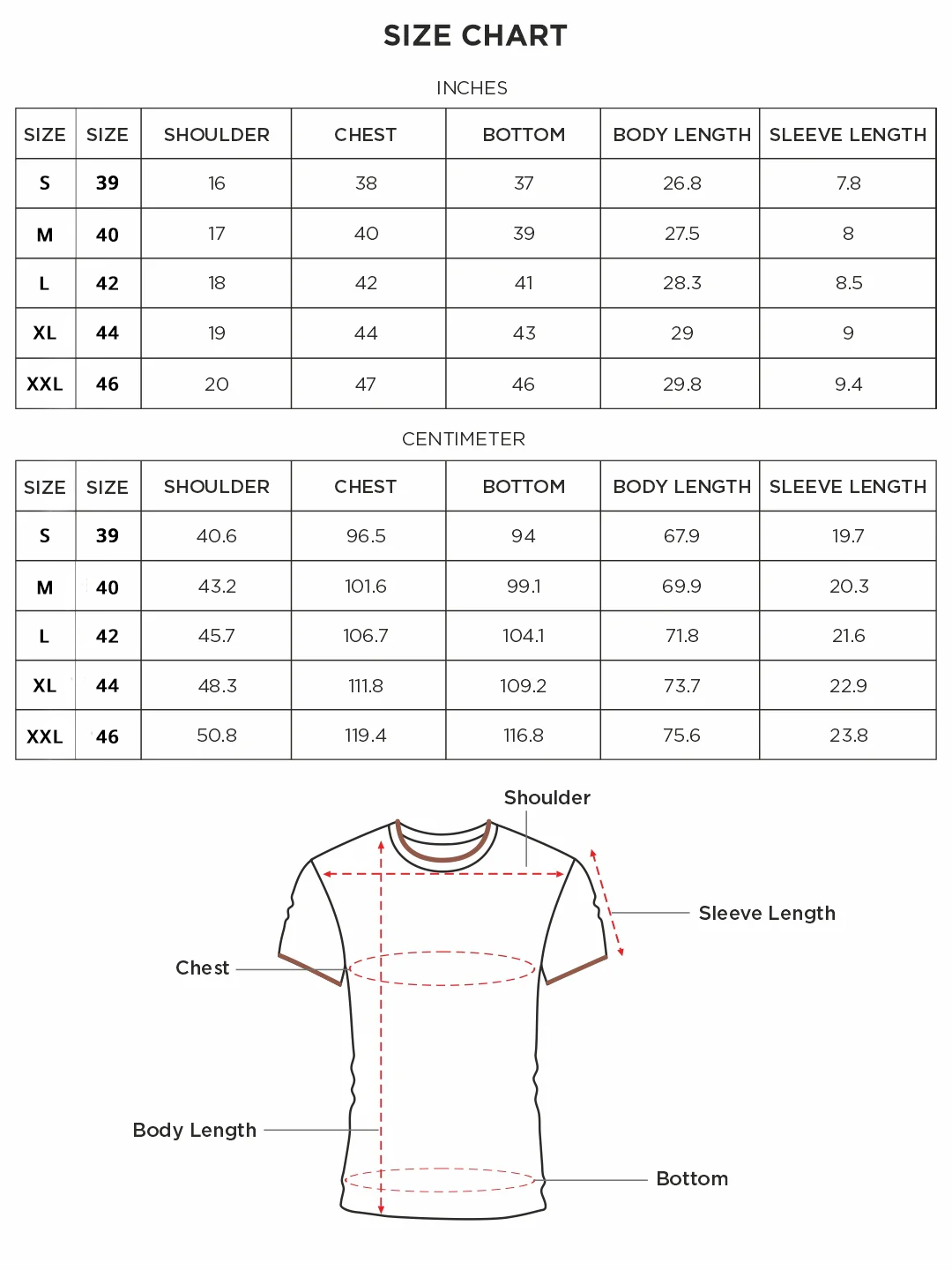 Size chart for Inches