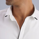 Contrast-Piping Cotton Satin Stretch White Party Shirt - Midnite