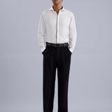 Contrast-Piping Cotton Satin Stretch White Party Shirt - Midnite