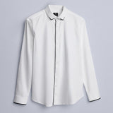 Contrast-Piping Cotton Satin Stretch White Party Shirt - Midnite