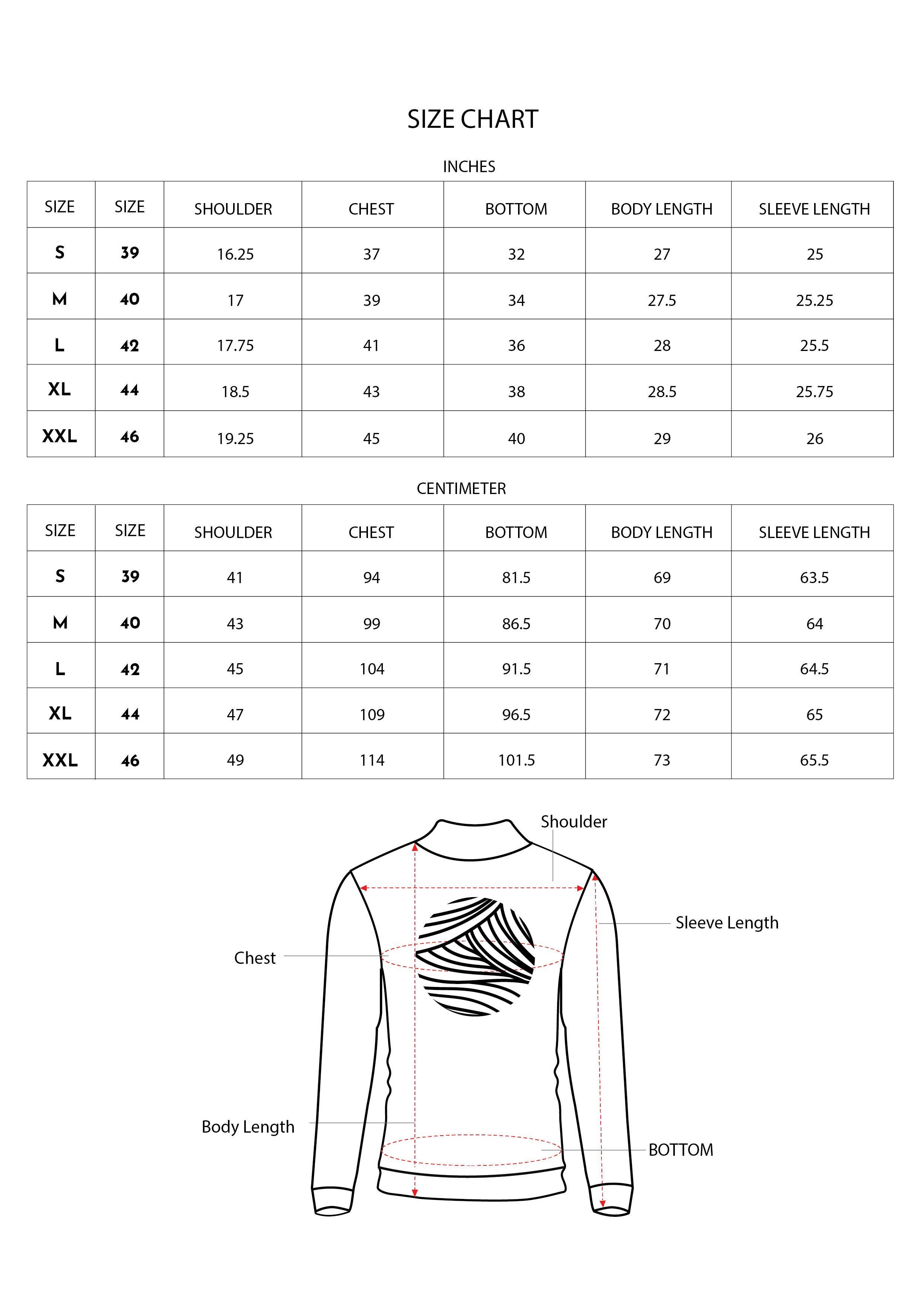 Size chart for Inches