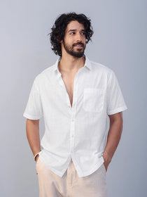 Nityam White Cotton American Placket half sleeve Shirt