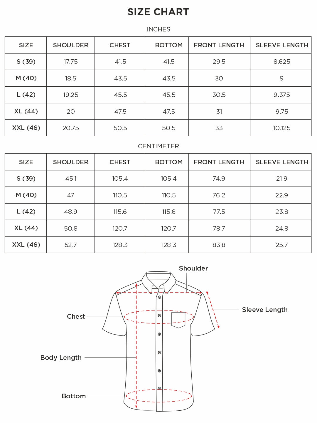 Size chart for Inches