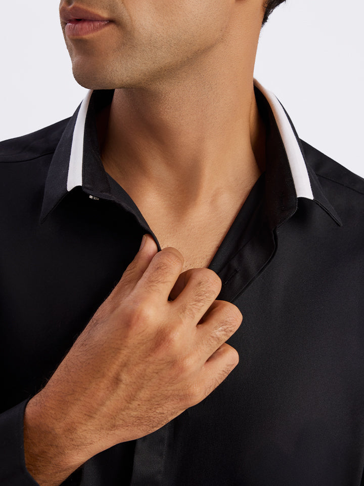 Contrast Collar Black Party Shirt - Noir