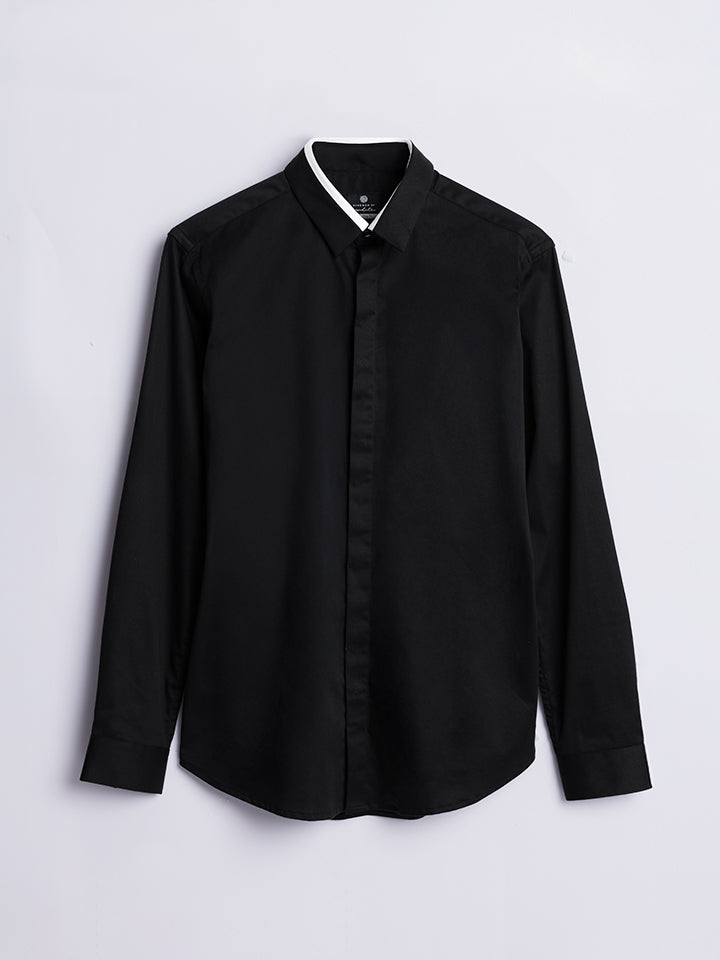 Contrast Collar Black Party Shirt - Noir