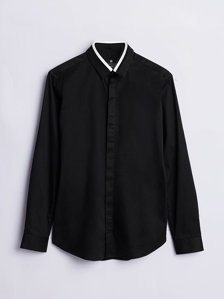 Smart Cotton Satin Stretch Black Party Shirt - Noir