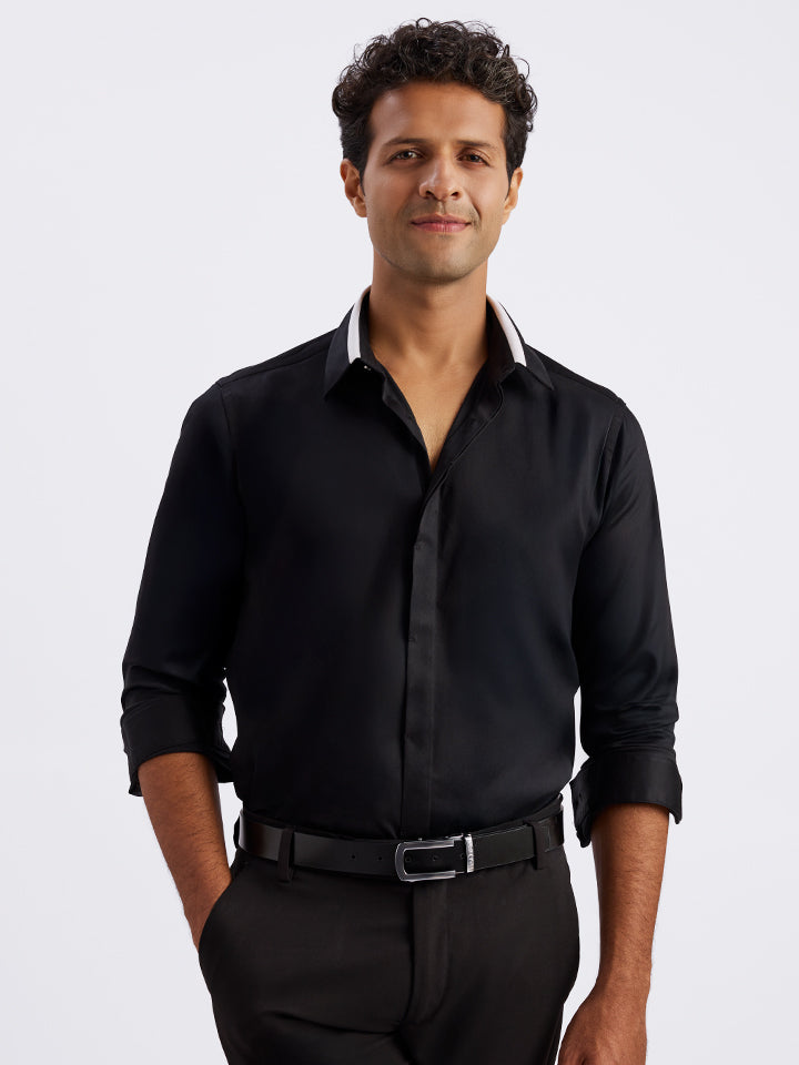 Contrast Collar Black Party Shirt - Noir