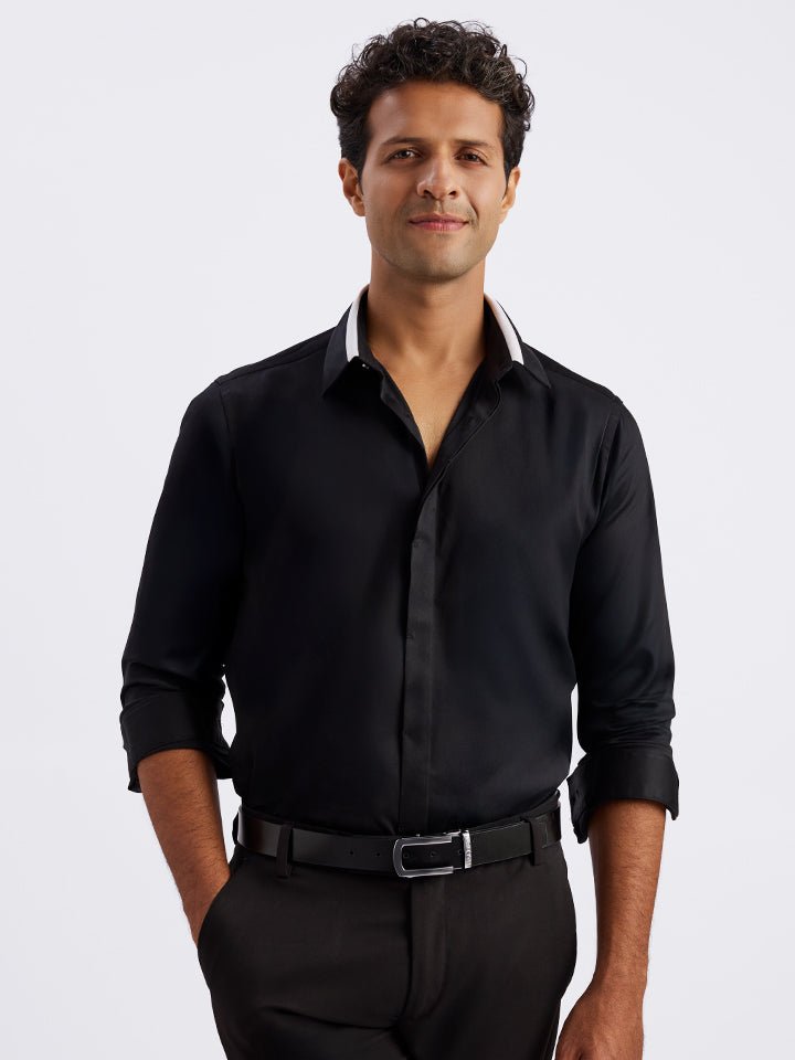 Smart Cotton Satin Stretch Black Party Shirt - Noir