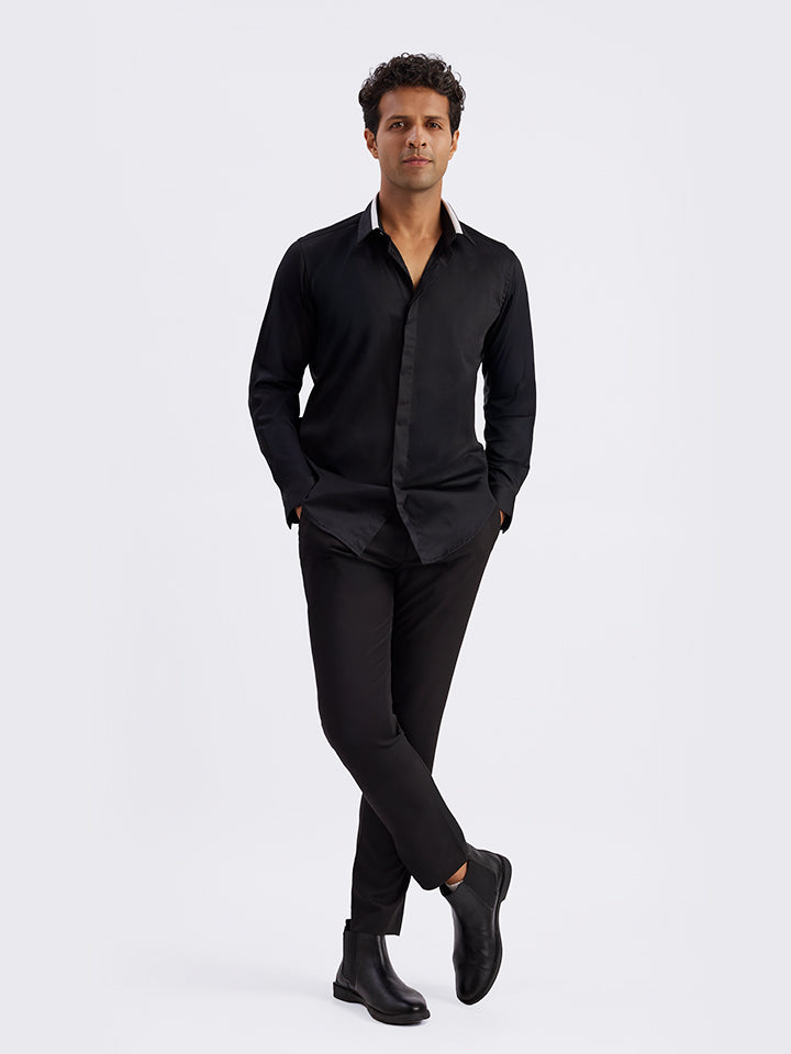 Contrast Collar Black Party Shirt - Noir