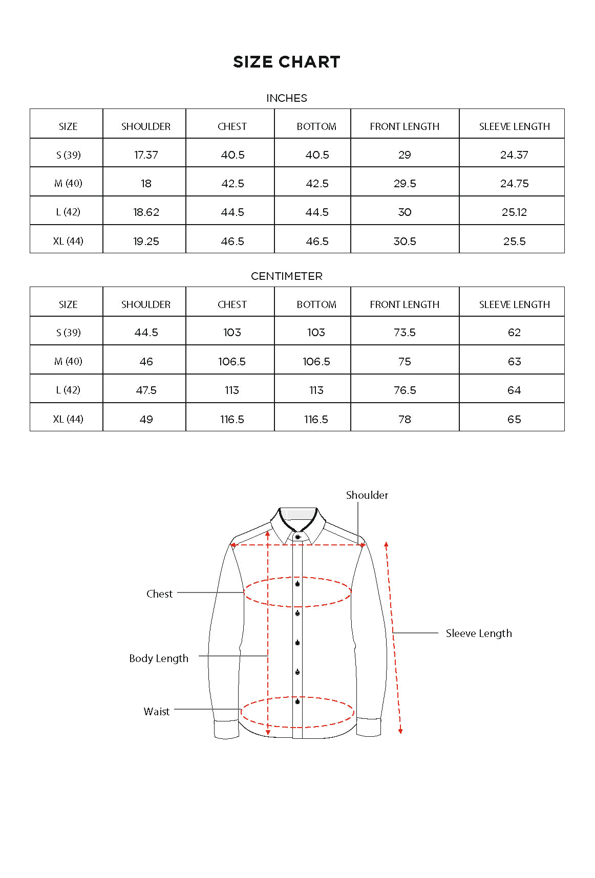 Size chart for Inches