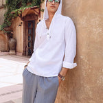 White Linen Hooded Full Sleeve Shirt - Cloudie 