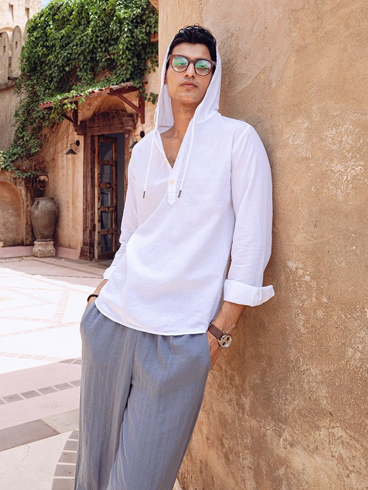 Cotton Linen Hooded Shirt- Cloudie