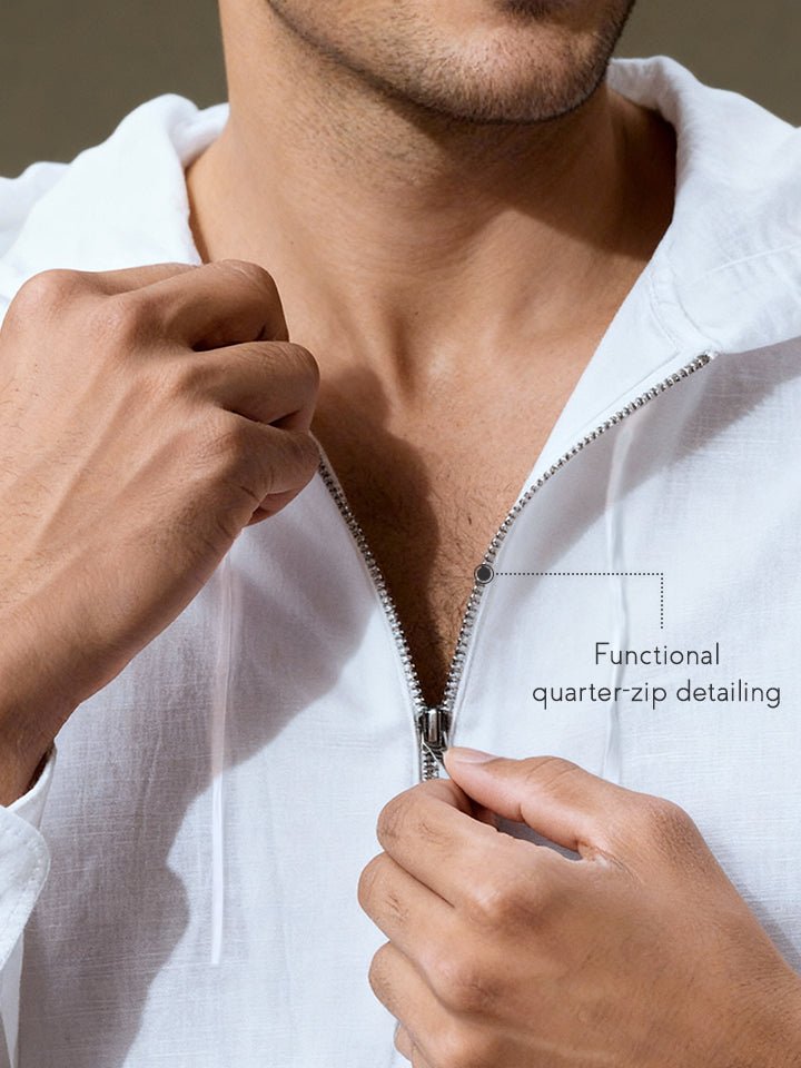 Cocoon White Linen Blend Hooded Zipper Shirt