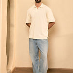White Knitted Cotton Polo T Shirt - lagoon