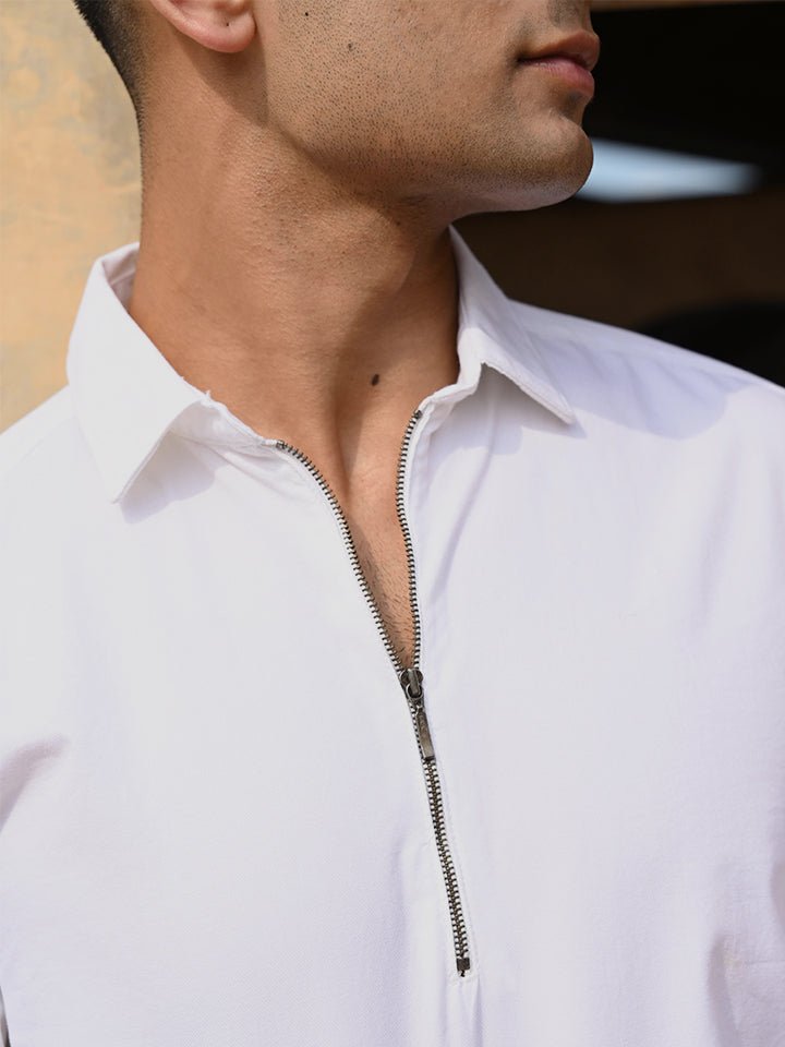 Zipper Collar Cotton Twill White Shirt for Men Zip Log Kingdom