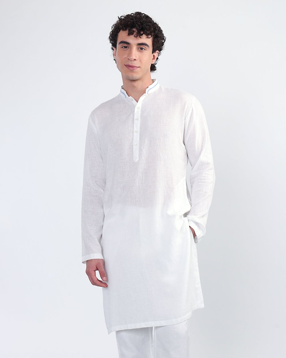 Linen white mandarin full kurta