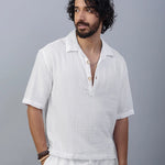 Cuban collar double fabric cotton half sleeve white shirt - overrule