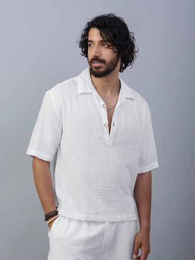 Cuban collar double fabric cotton half sleeve white shirt - overrule
