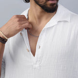 Cuban collar double fabric cotton half sleeve white shirt - overrule