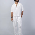 Cuban collar double fabric cotton half sleeve white shirt - overrule