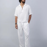 Cuban collar double fabric cotton half sleeve white shirt - overrule