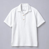 Cuban collar double fabric cotton half sleeve white shirt - overrule