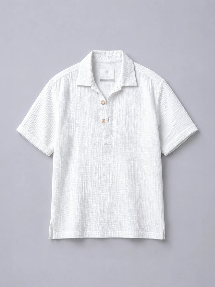 Cuban collar double fabric cotton half sleeve white shirt - overrule