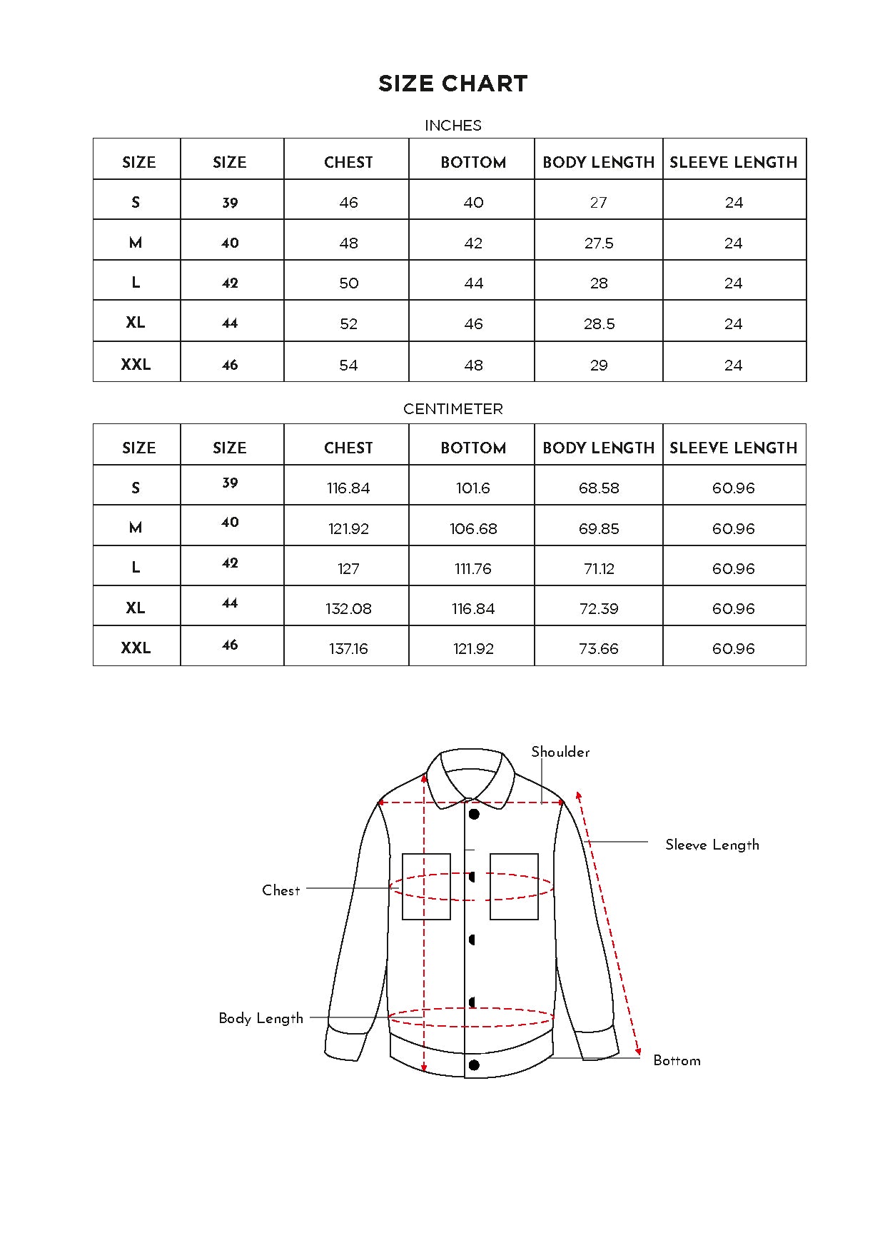 Size chart for Inches