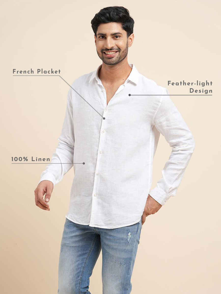 French Placket Pure Linen White Shirt - Se Relaxer