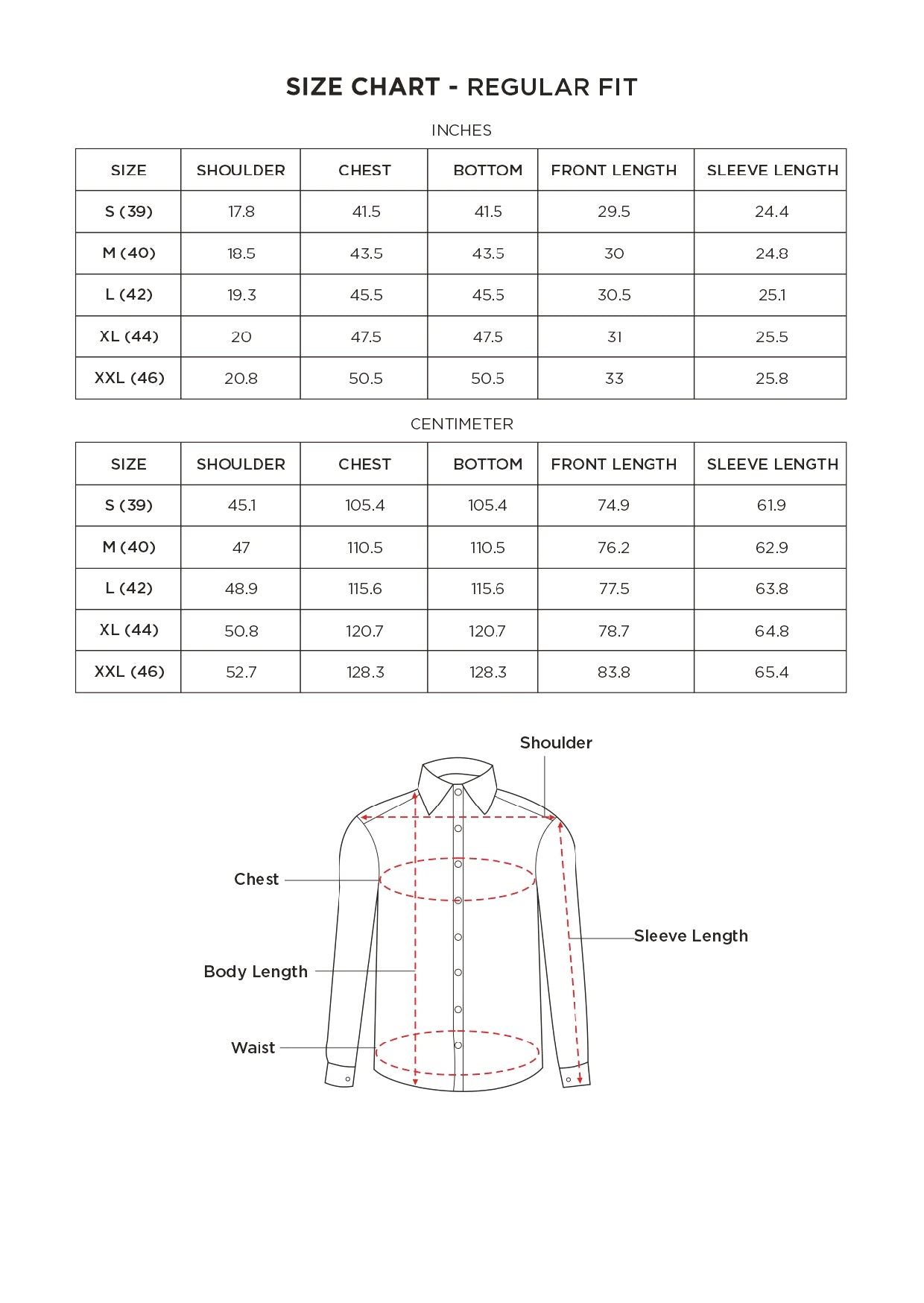 Size chart for Inches