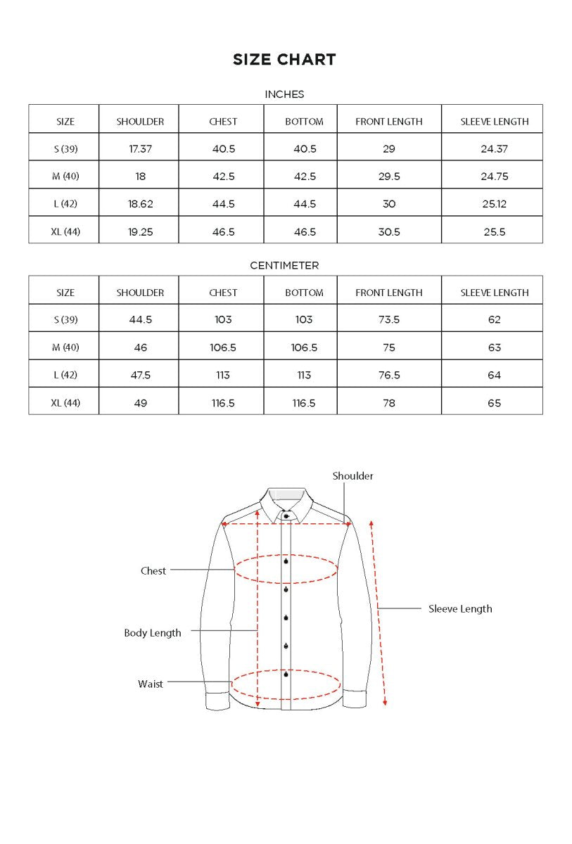 Size chart for Inches