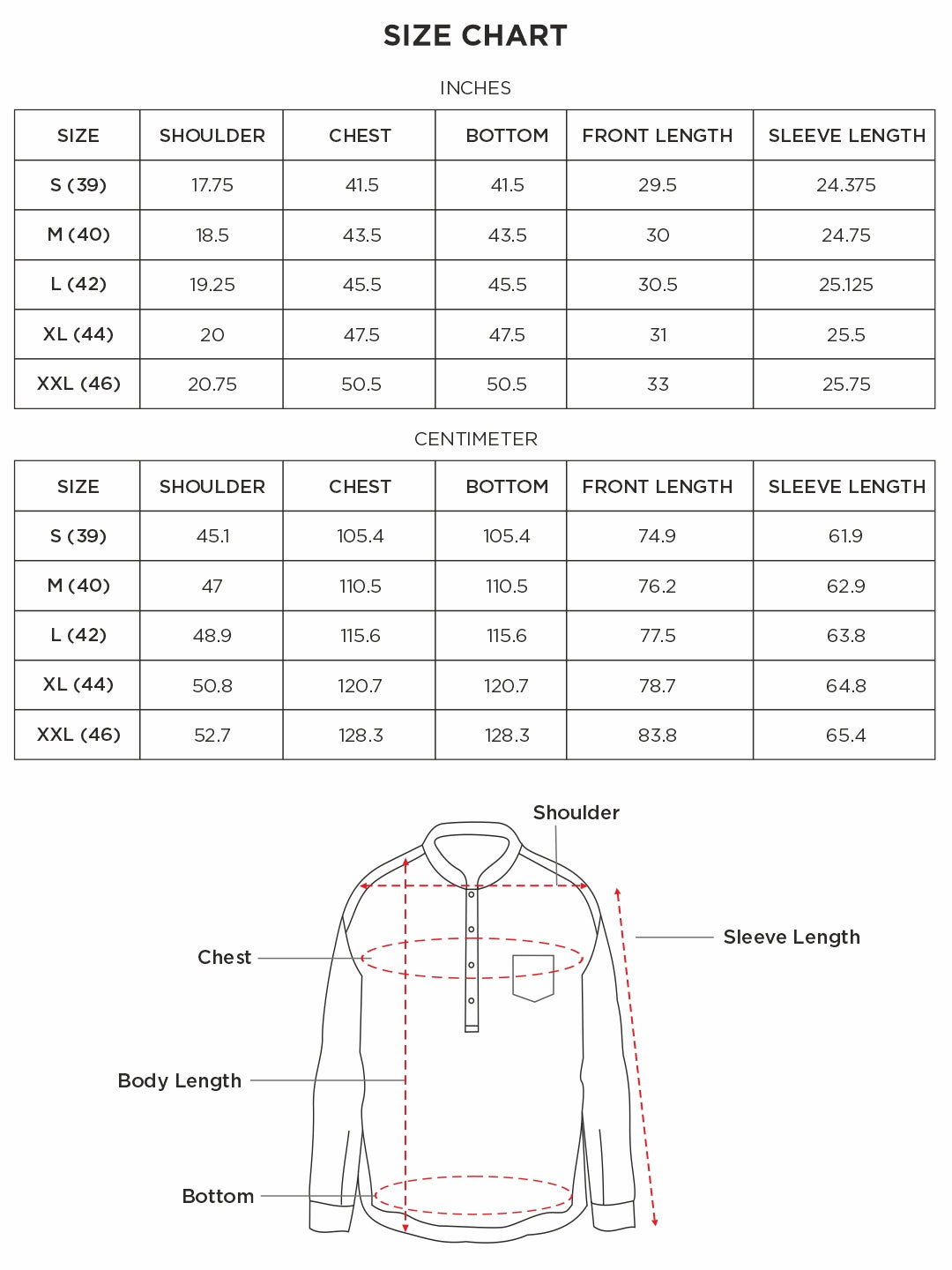 Size chart for Inches