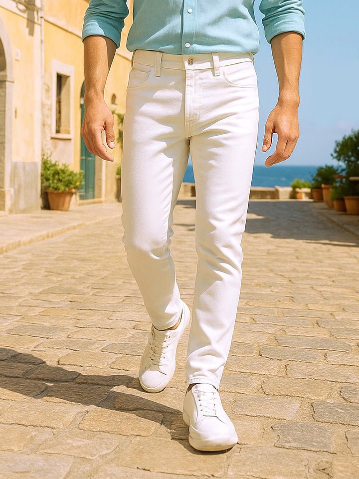 Slim-Fit Stretch Cotton White Jeans - Saunter