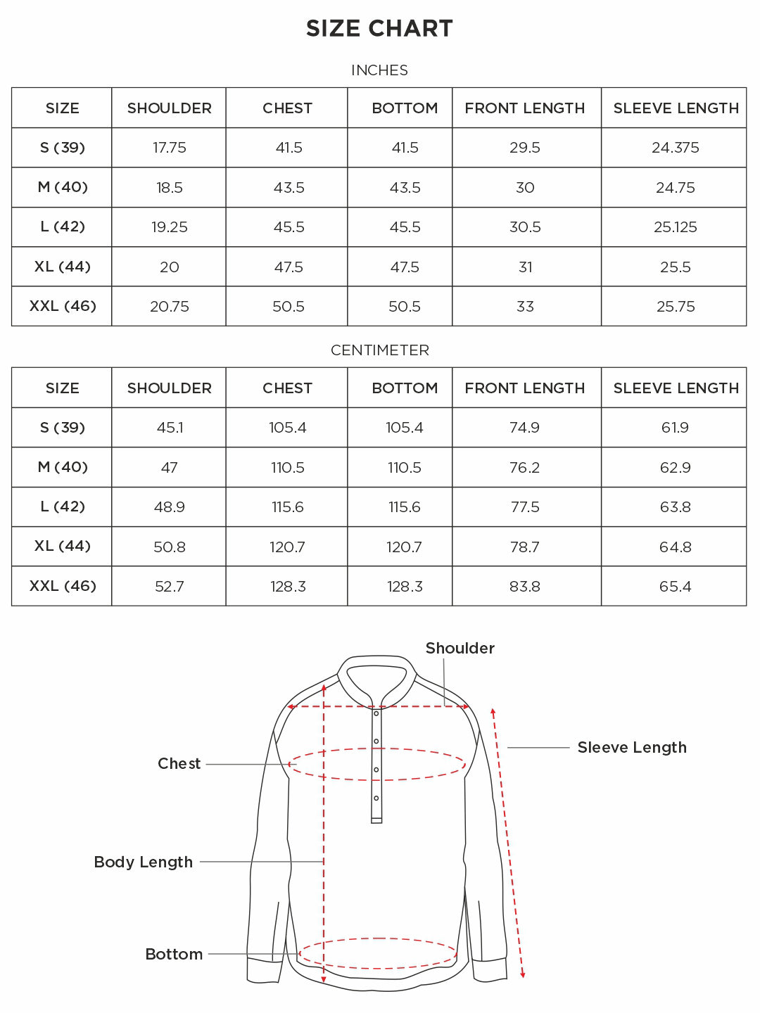 Size chart for Inches