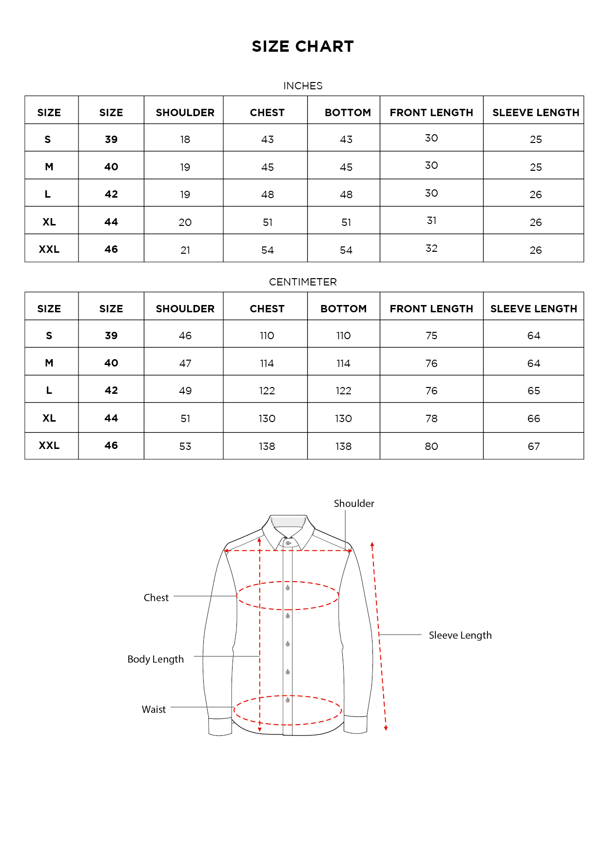 Size chart for Inches