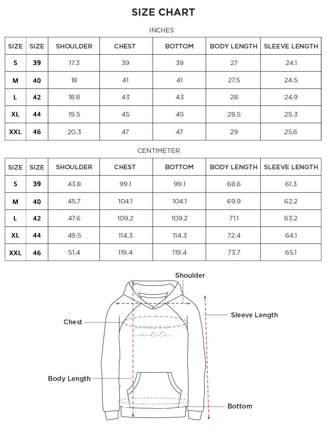 Size chart for Inches
