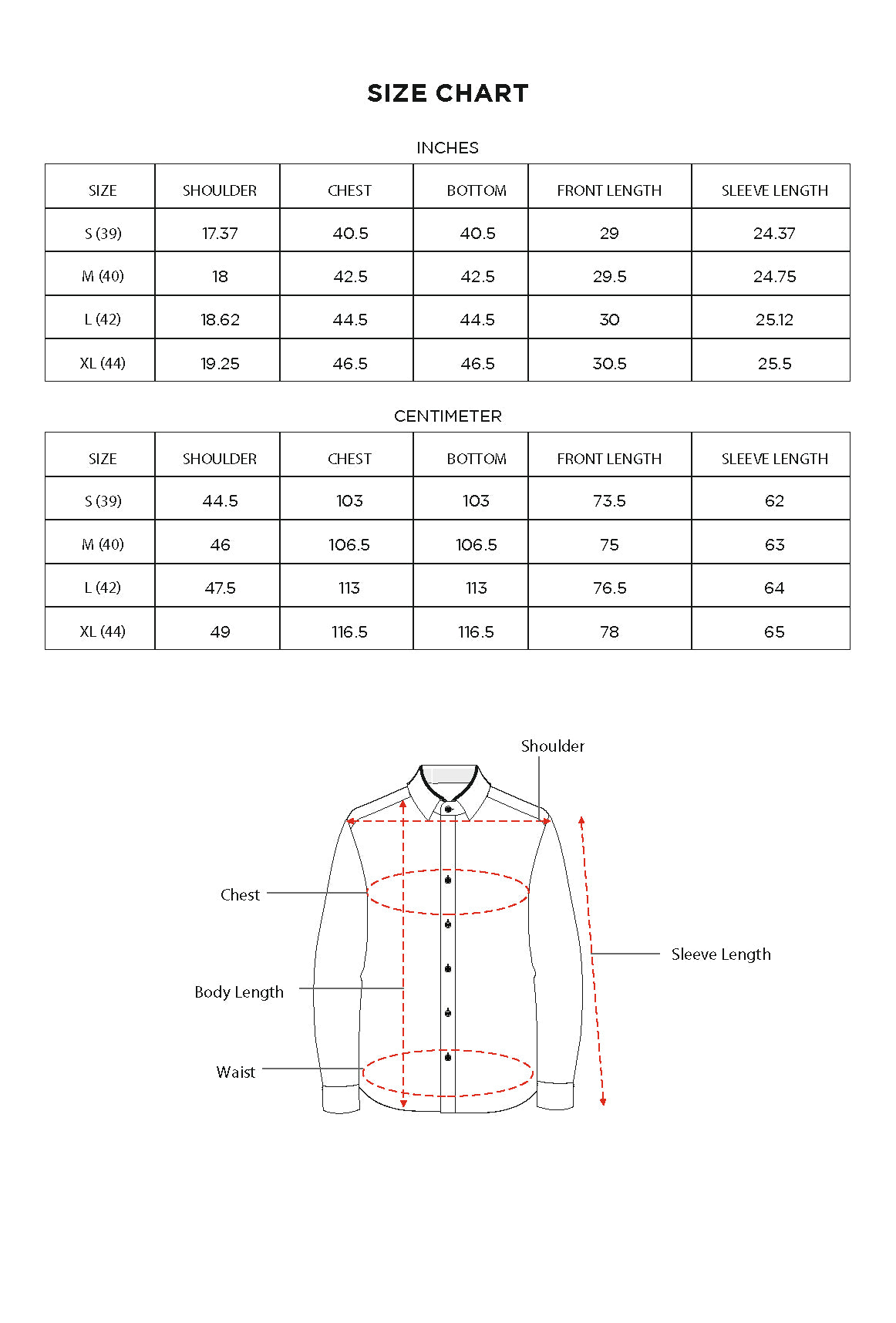 Size chart for Inches