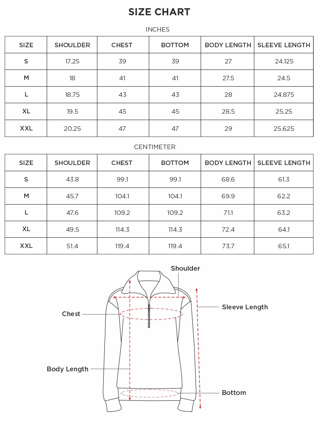 Size chart for Inches