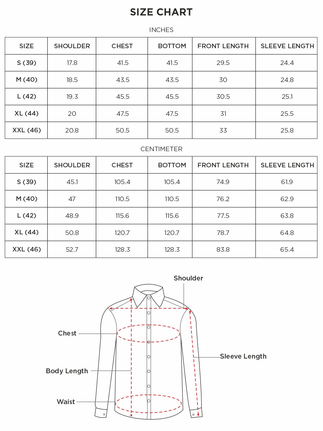 Size chart for Inches