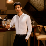 Contrast-Piping Cotton Satin Stretch White Party Shirt - Midnite