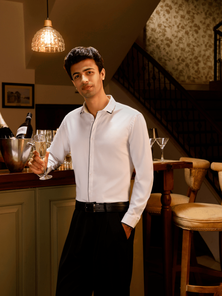 Contrast-Piping Cotton Satin Stretch White Party Shirt - Midnite
