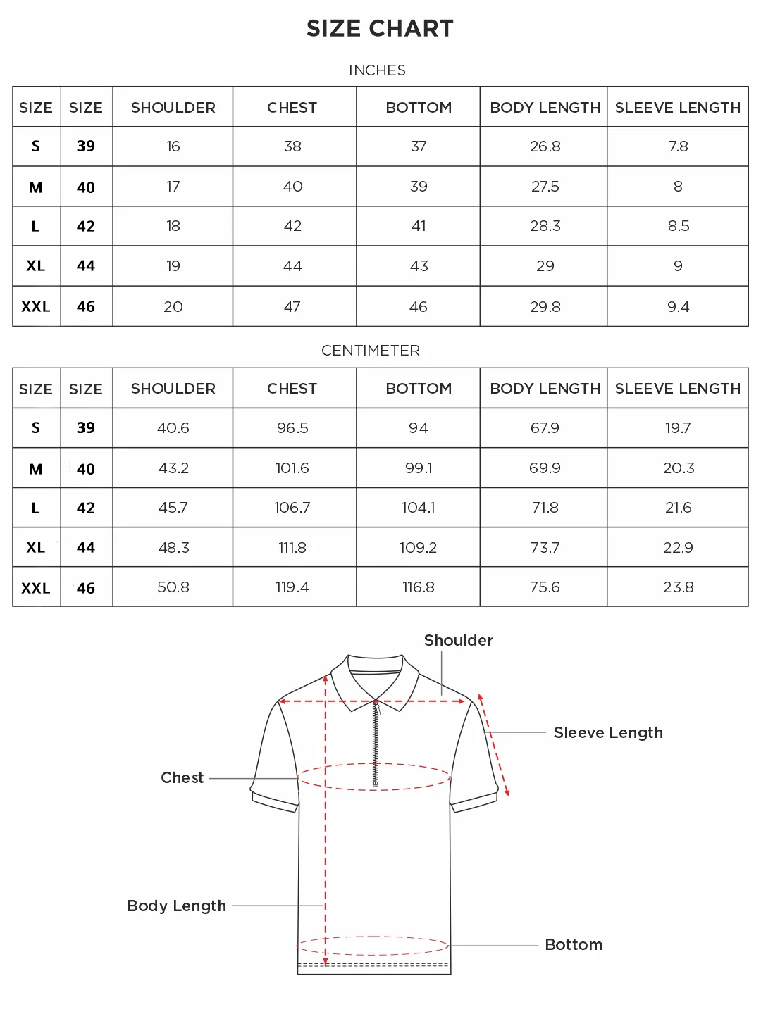 Size chart for Inches