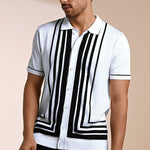 Gridlock White Geometric Knit Polo Shirt - Black & white