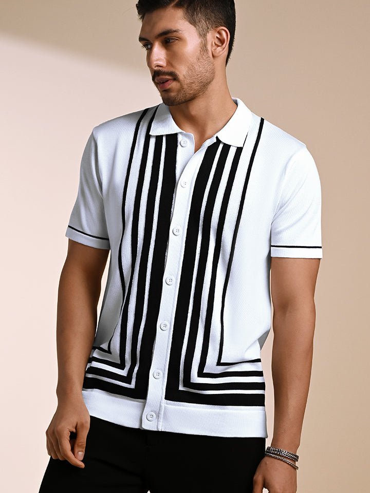 Black & white knitted polo T-shirt – stylish cotton knitwear - Gridlock